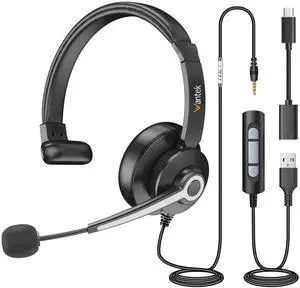 Wantek USB & 3.5mm Headset with Mic for PC/Laptop,Wired Headset with Noise-Cancelling Microphone & Audio Controls Perfect for Home Office Online Class Skype Zoom Call Center Webinar,Monaural