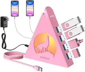 Powered USB Hub 3.0, 6-Port Hub(4 USB 3.0 Data Ports + 2 Smart Charging Ports) with 48W AC Adapter, RGB Light, Compatible with PC, Laptop, Mac, External Hard Drives, PS4, Fast Charging for Phone(Pink)