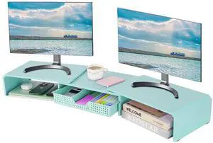 LEKETREE Dual Monitor Stand Riser with Drawer, Desk Organizer and Accessories, Metal Laptop Stand for Desk, Workspace Desktop Stand for Computer, Laptop, TV and More (Sky Blue)