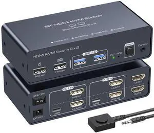 PVBCTCSID 8K HDMI KVM Switch 2 Monitors 2 Computers EDID 4K120Hz for 2 PC Share Dual Monitor and 4 USB Ports Support Extended/Copy Mode with Desktop Controller