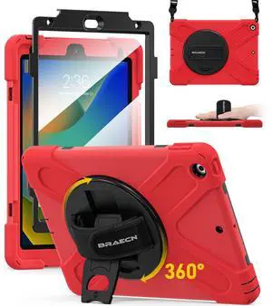 BRAECN for iPad 9th Generation Case, iPad 10.2 Case with Built in Screen Protector, Hand Strap, Swiveling Stand, Shoulder Straps, Heavy Duty Rugged Case for iPad 8th/7th Gen 10.2 Inch-Red