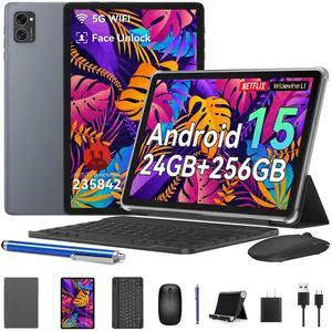 Tablet Android 15, 10 Inch Tablet with Keyboard Mouse Stylus, 24GB+256GB/2TB TF, Gemini AI/Widevine L1/Octa-Core/8MP AI Camera/1080P/5G WiFi/OTG/GPS/Bluetooth 5.0/Face Unlock/Gaming/2 Years Warranty