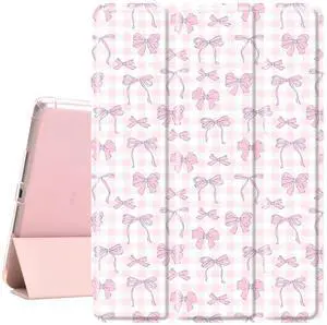 Idocolors Cute Kawaii Pink Bows Pad Case for 10.2 Inch iPad 9th/7th/8th Generation, Clear TPU Smart Stand Back Cover with Pencil Holder, Auto Wake/Sleep iPad 2021/2020/2019 Case for Women Girls