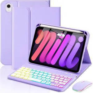 EAMPANG Case with Keyboard Mouse for iPad mini 7th(A17 Pro,2024)/6th Generation 8.3 inch,7 Color Rainbow Backlight Detachable USB-C Keyboard Magnetic Case with Pen Slot for iPad mini 6 7 -Purple