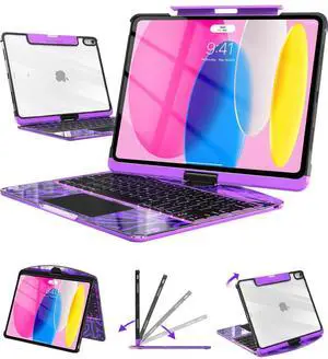 Auupgo Transparent Keyboard Case with Trackpad for iPad 11th Gen A16 (2025) & 10th Gen 10.9" (2022), 7-Color Backlit Wireless Bluetooth Keyboard with 360 Rotating Stand & Pencil Holder, Purple