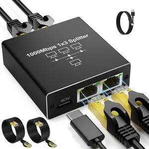 Gigabit Ethernet Splitter 1 to 3, Kit with 2 Cat6 Cables 6.6FT & USB Power, 1000Mbps High-Speed RJ45 LAN Splitter Adapter for Router, Modem, Switch Compatible with Cat5/5e/6/7/8 Ethernet Cables