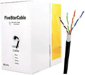 FiveStarCable Cat5e 1000 Ft. 24AWG Pull Box Direct Burial/Underground Double Jacket Waterproof Outdoor Burial UTP Ethernet Router LAN Cable - Black