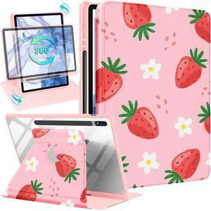 Wazzasoft for Samsung Galaxy Tab S7 Fe/S7 Plus/S8 Plus Case 12.4 Inch Folio Cover Pencil Holder Women Girls Cute Girly Strawberry Unique Design Rotating Tablet S8 Plus 2022/S7 Plus 2021/S7 FE 5G Cases