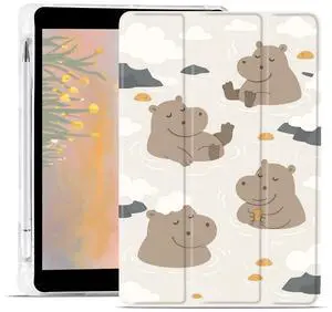 AdorableWhimsy Cute Animal Case for iPad (A16) 11th Generation 2025 11" /iPad 10th Generation 2022 10.9" Floating Hippo Protective Cover Trifold Stand White Leather Soft Back with Pencil Holder