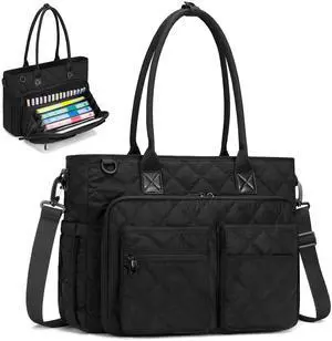 Teacher Tote Bag for Women, Large Teacher Work Bag with Accordion File Organizer Pocket, 15.6 inch Laptop Briefcase for Office, College, Nursing, Black