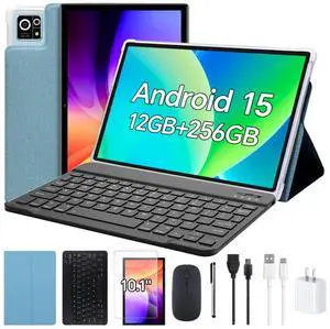 FEEDOGEE Android Tablet, 10 inch IPS Touchscreen with Case, Android 15 with Octa-core Processor, 12GB RAM 256GB ROM Tablet with Keyboard, 8000mAh Battery, 5MP+13MP Dual Camera, Type-C Port, Blue