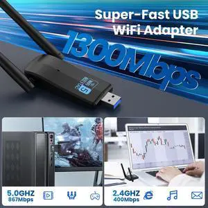 Wireless USB 3.0 WiFi Adapter for Desktop PC Laptop,5G 2.4G Dual-Band 1300Mbps Dual 5Dbi Antennas for Supports Windows11/10/8/7/Vista/XP,Mac OS 10.6-10.14 Wireless USB 3.0 WiFi Adapter for Desktop PC Laptop,5G 2.4G Dual-Band 1300Mbps Dual 5Dbi Antennas for Supports Windows11/10/8/7/Vista/XP,Mac OS 10.6-10.14
