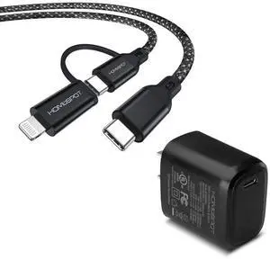 HomeSpot 2-in-1 USB-C to USB-C Cable 2M (6.6ft) with Lightning Adapter & 20W UL-Listed USB-C PD Wall Charger, MFi Certified, Fast Charging for iPhone, iPad & Galaxy Phones HomeSpot 2-in-1 USB-C to USB-C Cable 2M (6.6ft) with Lightning Adapter & 20W UL-Listed USB-C PD Wall Charger, MFi Certified, Fast Charging for iPhone, iPad & Galaxy Phones