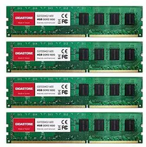 [(DDR3 RAM)]  GIGASTONE 16GB Kit (4x4GB) DDR3/DDR3L 1600MHz (1333MHz) PC3-12800 (PC3-10600) CL11 1.35V/1.5V 2Rx8 UDIMM 240 Pin Unbuffered Non ECC High Performance PC Desktop Memory Upgrade
