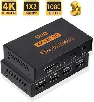 HDMI Splitter 1 in 4 Out, 1x4 HDMI Splitter Audio Video Distributor Box Supports Full HD 1080P 4K/2K and 3D Resolutions Duplicate/Mirror Screen