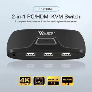 2-Port HDMI 2 in 1 out USB KVM Switch Splitter 2x1 3 USB Port For Shared Monitor Keyboard, Mouse Adaptive Printer Controller