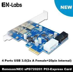 4 Port PCIE PCI-e to USB 3.0 (2 x Type A+ 20 Pin Internal) Expansion Card Hub PCI Express Card Adapter w/ Molex Power