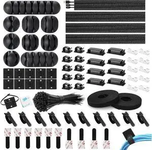 Aomo173 Pcs Cable Management Organizer Kit, Include 4 Cable Sleeve Split with 47 Self Adhesive Cable Clips Holder, 10 Cable Ties, 10 Adhesive Wall Cable Tie, 100 Fasten Cable Ties, 2 x Roll Cable Ties