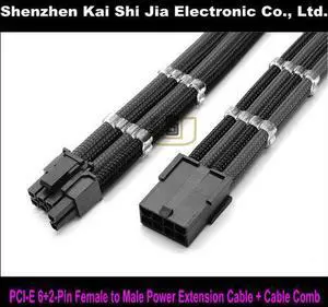 12" Single Sleeved Black & Dark Gray PCI-E GPU 8 Pin to 6+2 Pin PCI-E Power Extension Cable + 2PCS Clear Cable Comb