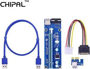 Aomoproing CHIPAL Blue PCE164P-NO3 VER006 0.6M PCIE PCI-E 1X to 16X Riser Card Extender + 15Pin SATA to 4Pin IDE Power Cord / USB 3.0 Cable