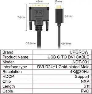 USB C Type C to DVI Cable 4K 30Hz Thunderbolt to DVI Cable 6FT / 1.8M USB Type-C to DVI Female Support 2017-2020 MacBook Pro,Surface Book 2, Dell XPS 13,Galaxy S10
