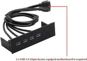 PC computer 5.25 inch front panel 4 Ports USB 3.0 Hub Splitter, 60CM Dual 2 x USB 3.0 Type A Female to 20pin Cable -Black Plastic