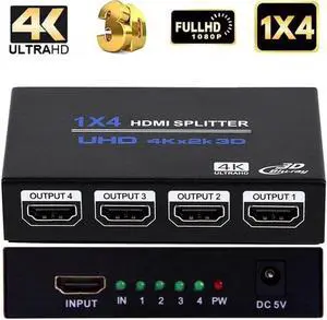 4 Ports 4K HDMI Splitter, 1 in 4 Out 1x4 HDMI Splitter Audio Video Distributor Box Support 3D & 4K x 2K Compatible for HDTV, STB, DVD, PS3, Projector Etc