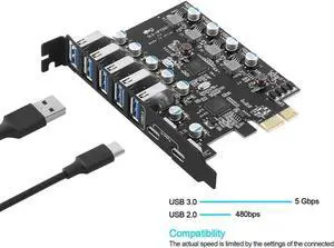 PCI-E to USB 3.0 7-Ports(2X USB-C - 5X USB-A) Expansion Card,PCI Express x1 to USB Type-C 5Gbps Add On Card Hub Converter for Desktop w/ Full-Profile Slot Cover,Support Windows10/8,MAC OS 10.8.2 Above