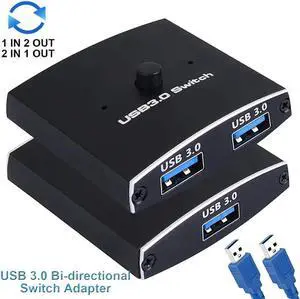 USB 3.0 Switch Selector, Bi-directional USB Sharing Switch [2 in 1 Out/ 1 in 2 Out], USB 3.0 KVM Switcher Adapter for Keyboard, Mouse, Scanner, Printer etc.. (2 Pack USB 3.0 Cable Included)