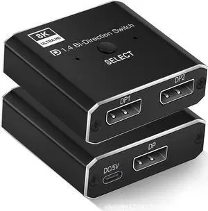 8K DisplayPort DP 1.4 Switch, Bi-Direction 1 in 2 Out, 2 in 1 Out Displayport DP Switch, 8K @30Hz 4K @120Hz Displayport Splitter Switcher for Multiple Source and displays