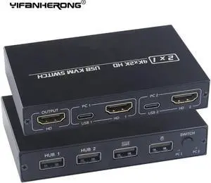 4K KVM Switch HDMI-Compatible 2 Port Box USB for Shared Monitor Keyboard And Mouse Adaptive EDID / HDCP Printer Plug and Play