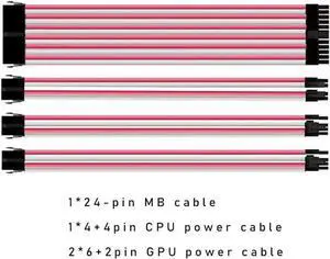 Aomoproing Mod Sleeved Cable, Pink & White Power Supply Cable Extension Kit, 24PIN ATX, 4+4 PIN EPS, Dual 6+2 PIN PCIE(11.81")