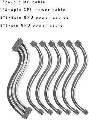 Mod Sleeved Cable, Black & White Power Supply Cable Extension Kit, 24PIN ATX, 4+4 PIN EPS, Dual 6+2 PIN PCIE, Dual 6 PIN PCIE(11.81")