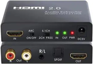 Audio Extractor HDMI 2.0 to Optical TOSLINK SPDIF RCA L/R 3.5mm Headphone HDMI 2.0 Audio Extractor Support 4K 60Hz YUV 4:4:4 and HDR Adapter