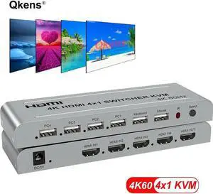 4K 60hz 4x1 HDMI KVM Switcher 4 In 1 Out Audio Video Converter USB Keyboard Mouse Control 4 Laptop PC , Computer To TV Projector
