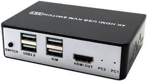 2 Ports HDMI 2.0 KVM Switch HD Audio Video 4Kx2K@60Hz HDMI 2.0 Source Switch 2 In 1 Out Adaptive EDID USB 2.0 Sharing USB Disk, Printer