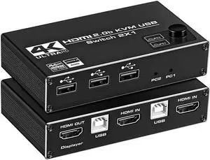 2.0b KVM Switch USB 2 Port 4K HDMI, 2 Computers Share One Monitor 2x1 HDMI KVM Switch, 3 USB 2.0 Hub, Ultra HD 4K@60Hz, HDCP 2.2, Support Wireless Keyboard and Mouse