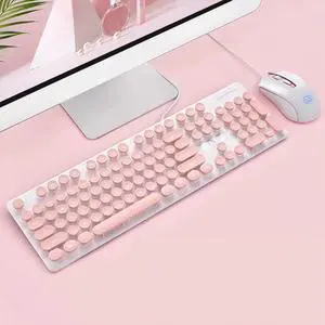 Aomoproing Portable Retro Keyboard Mouse Kit Wired Gaming Keyboard with Round Key Cap Multimedia Button Keyboard Mouse Set