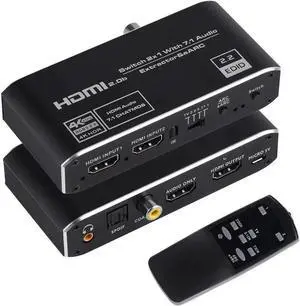 4K@60Hz eARC HDMI Audio Extractor, 2x1 HDMI Switch to HDMI + Optical Toslink SPDIF + 3.5mm Audio Jack + Coaxial + 7.1Ch HDMI Audio Support ARC and eARC Function HDMI2.0b