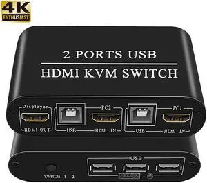 HDMI Switch 2 IN 1 OUT 4K 2 Ports USB with 3 USB 2.0 Ports for 2 Computers Share 1 Keyboard Mouse Monitor