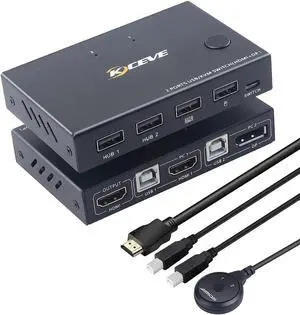 KVM Switch 2 Port Box, Displayport and HDMI Switcher for 2 Computers Sharing One HD Monitor and 4 USB Devices
