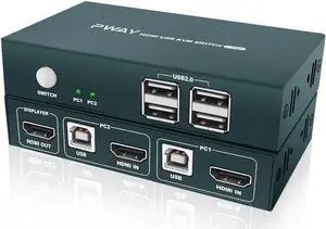 Switch HDMI 2 Port, 4 USB 2.0 Hub, UHD 4K @30Hz, Support Wireless Keyboard and Mouse, No Power Require, with HDMI and USB Cables (Black)