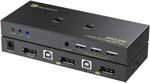 4K DP USB KVM 2x1 Displayport KVM Switch 2 in 1 out 4K 60Hz 2-Port DP 1.4 USB KVM Switch Support Mouse Keyboad Printer