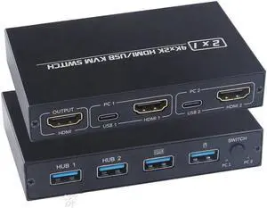 4K KVM Switch HDMI-compatible 2 Port Box USB for Shared Monitor Keyboard and Mouse Adaptive EDID / HDCP Printer Plug and Play