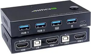 Switch HDMI 2 Port Box, AIMOS USB and HDMI Switches 4 USB Hub, UHD 4K @30Hz, for 2 Computers Share Keyboard Mouse and one HD Monitor
