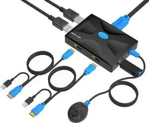 4K HDMI KVM Switch 2 Port, KVM Selector for 2 PCs Share Keyboard Mouse and Monitor +2 HDMI KVM Cables + Wire-Desktop Controller