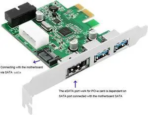 External 2 Ports USB 3.0 + 1 Port Power over eSATA ( SATA ) + 19Pin USB header Combo PCI-e PCI Express Card