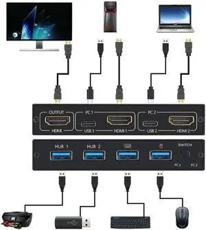 AM-KVM 201CL Share 1 Monitor/Keyboard& Mouse Set KVM Switch HDMI-compatible/USB KVM Switch Support 2Kx4K 2 Hosts