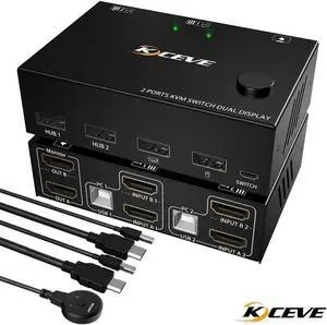 KCEVE KC-KVM202 HD KVM Switcher Dual Display Switcher up to 3840*2160@30Hz Video Resolution Plug and Play Wide Compatibility