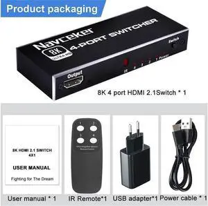 Switcher 4 in 1 out 8K HDMI Switch 4-port HDMI Source 1 Display Adapter with IR Remote Switcher 4 in 1 out 8K HDMI Switch 4-port HDMI Source 1 Display Adapter with IR Remote